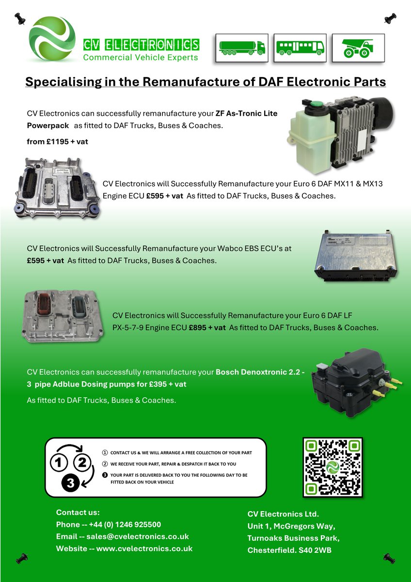cvelectronics's tweet image. CV Electronics can successfully remanufacture your ZF As-Tronic Lite Powerpack   as fitted to DAF Trucks, Buses &amp;amp; Coaches. from £1195 + vat  cvelectronics.co.uk/product/zf-as-…

Frequently on back order with DAF CV Electronics can successfully remanufacture your Euro 6 DAF XF &amp;amp; CF MX-11 &amp;amp;…