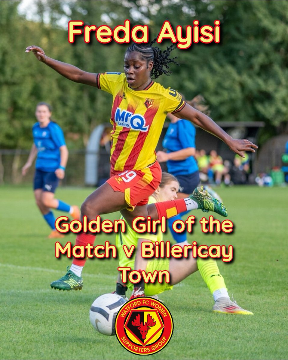 The votes are in! Your fan-voted Golden Girl of the Match for yesterday's 5-0 win is... 🥁
​Your hat-trick hero, FREDA AYISI! 🏆
​A stunning performance and a fully deserved winner! #WatfordFC #GoldenGirls 🔥
​(Photo 📸 AW Images)