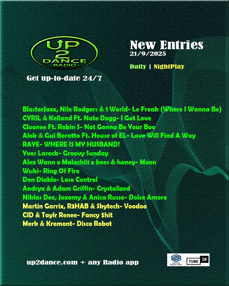 This is the NEW entries to our daily playlist this week 📢

Discover them FIRST Every Saturday night &gt; up2dance.com 📟
.
#newmusicalert #up2dance #up2danceradio #up2danceplaylist #PlayNow #dancemusic #HouseMusic #edmmusic #popmusic #partymusic #freshmusic #year2025