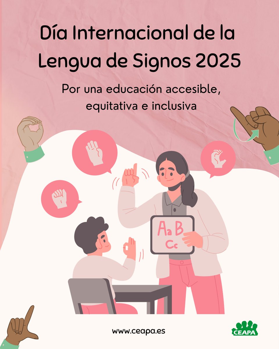 La inclusión no es opcional, es un derecho.
En el Día Internacional de la Lengua de Signos, desde CEAPA pedimos reforzar los recursos para garantizar que el alumnado sordo tenga una educación accesible, equitativa e inclusiva✋🤟

#inclusion #NEAE #AlumnadoNEAE #lenguadesignos