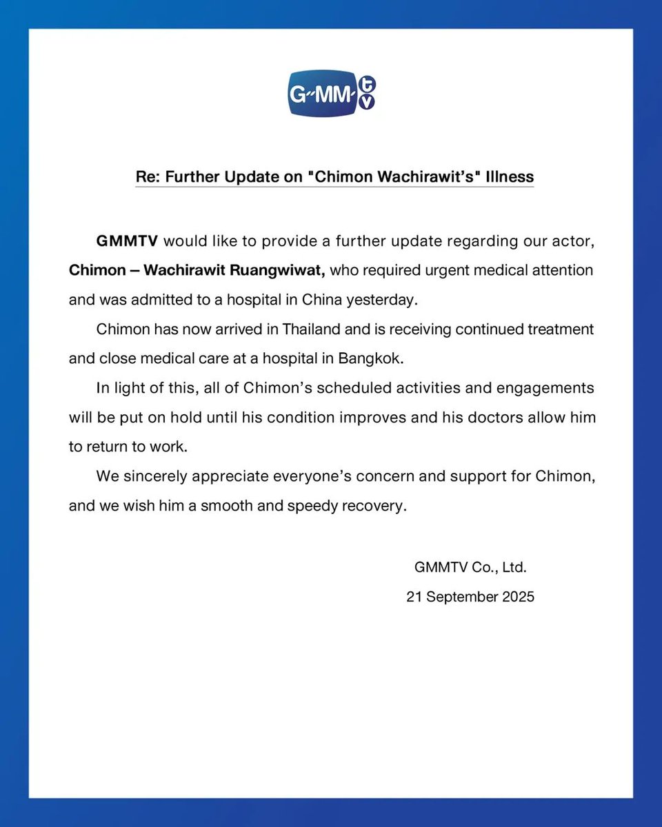 🙏 Sending strength and love to Chimon during this difficult time. May he recover fully and return stronger than ever. 💐✨ #GetWellSoon

#ChimonWachirawit #GMMTV #GetWellSoonChimon #SpeedyRecovery #GMMTVUpdate
