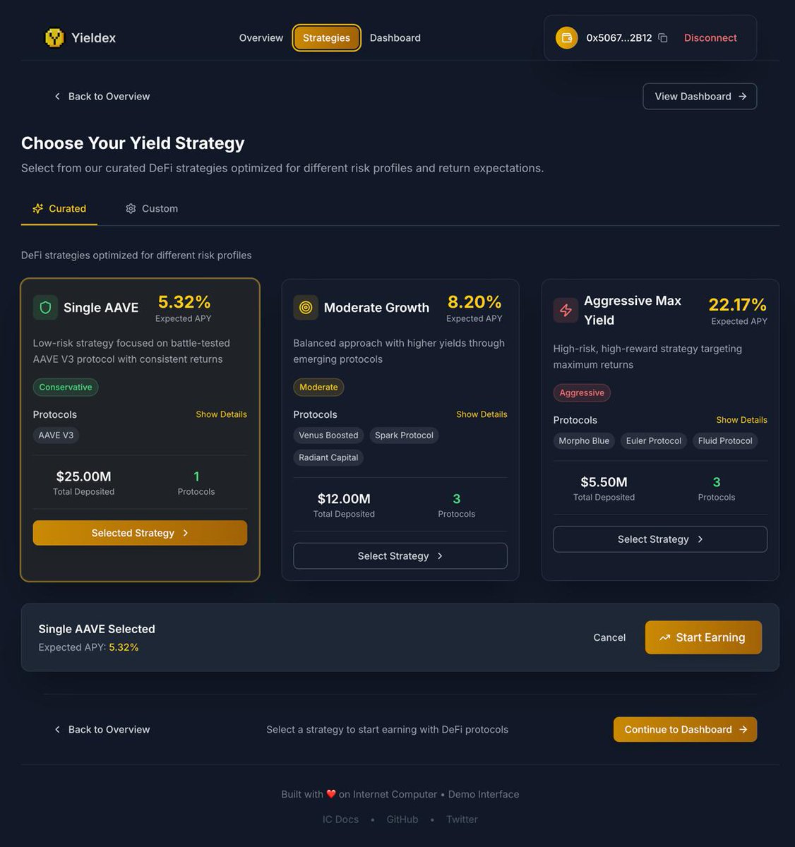 The Yieldex team has launched a front end that showcases the capital deposit process into a smart wallet, which then automatically allocates funds across the best stablecoin pools. 

The first integrated pools are with Aave on Arbitrum.