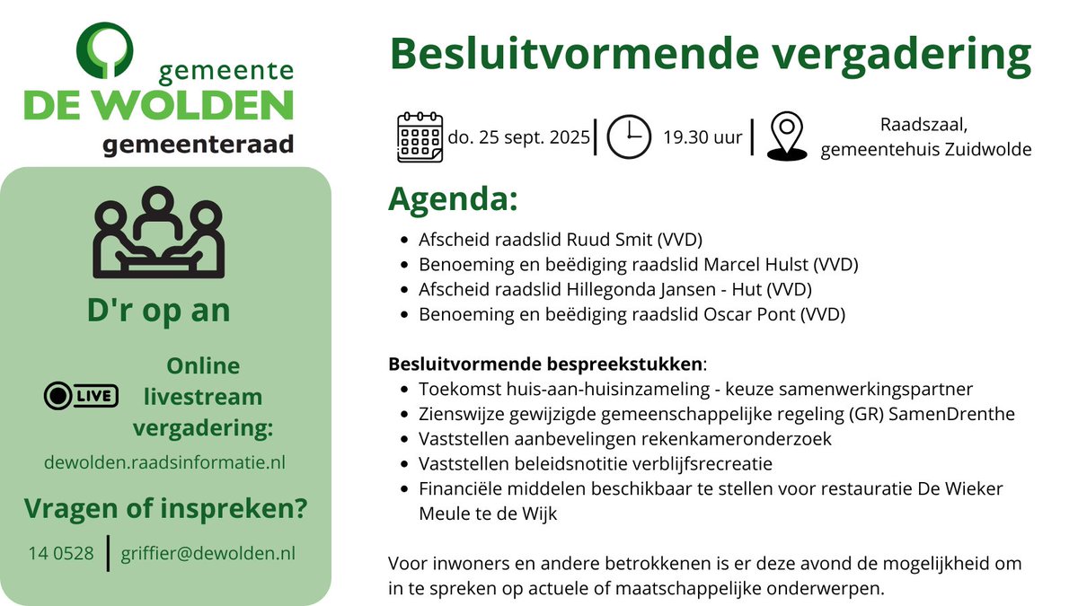 📅 Aanstaande donderdag vergadert de raad van #DeWolden tijdens de besluitvormende bijeenkomst D’r op an. De vergadering start om 19.30u. Je bent van harte welkom op de tribune.
💬 Inspreken? Meld je vandaag aan vóór 16.30u. Of kijk live mee via: dewolden.raadsinformatie.nl/vergadering/12…