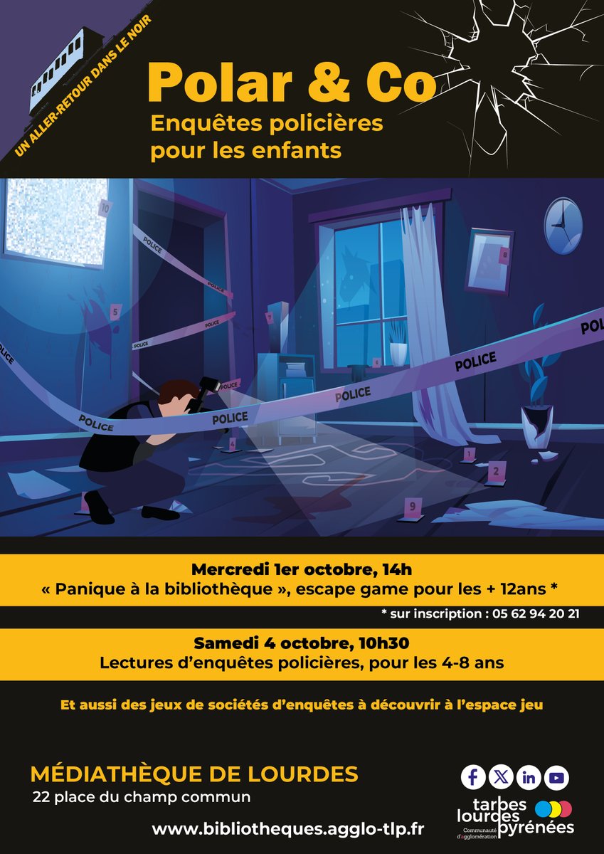 𝑷𝑶𝑳𝑨𝑹 &amp; 𝑪𝑶
Dans le cadre du festival "Un aller-retour dans le noir", la médiathèque de Lourdes vous propose des enquêtes policières pour les enfants le mercredi 1er et la samedi 4 octobre.