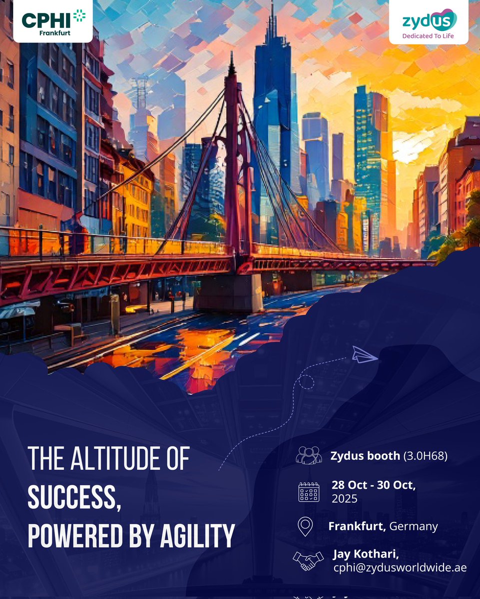 CPHI Frankfurt 2025 is around the corner and Zydus is ready to connect with global partners to unlock new opportunities for strategic collaboration.

Meet our team at Booth No. 3.0H68 or to schedule a meeting, write to us at cphi@zydusworldwide.ae.

#Zydus #ZydusGroup #CPHI