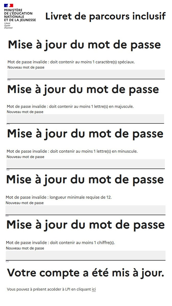 classedebruce's tweet image. Les créateurs du Livret de Parcours Inclusif ont dû se dire qu&apos;expliciter dès le départ leurs critères de création de mot de passe allait rendre l&apos;ensemble trop ergonomique et que le site risquait de planter, victime de l&apos;engouement général. Je ne vois que ça comme explication.🤷‍♂️