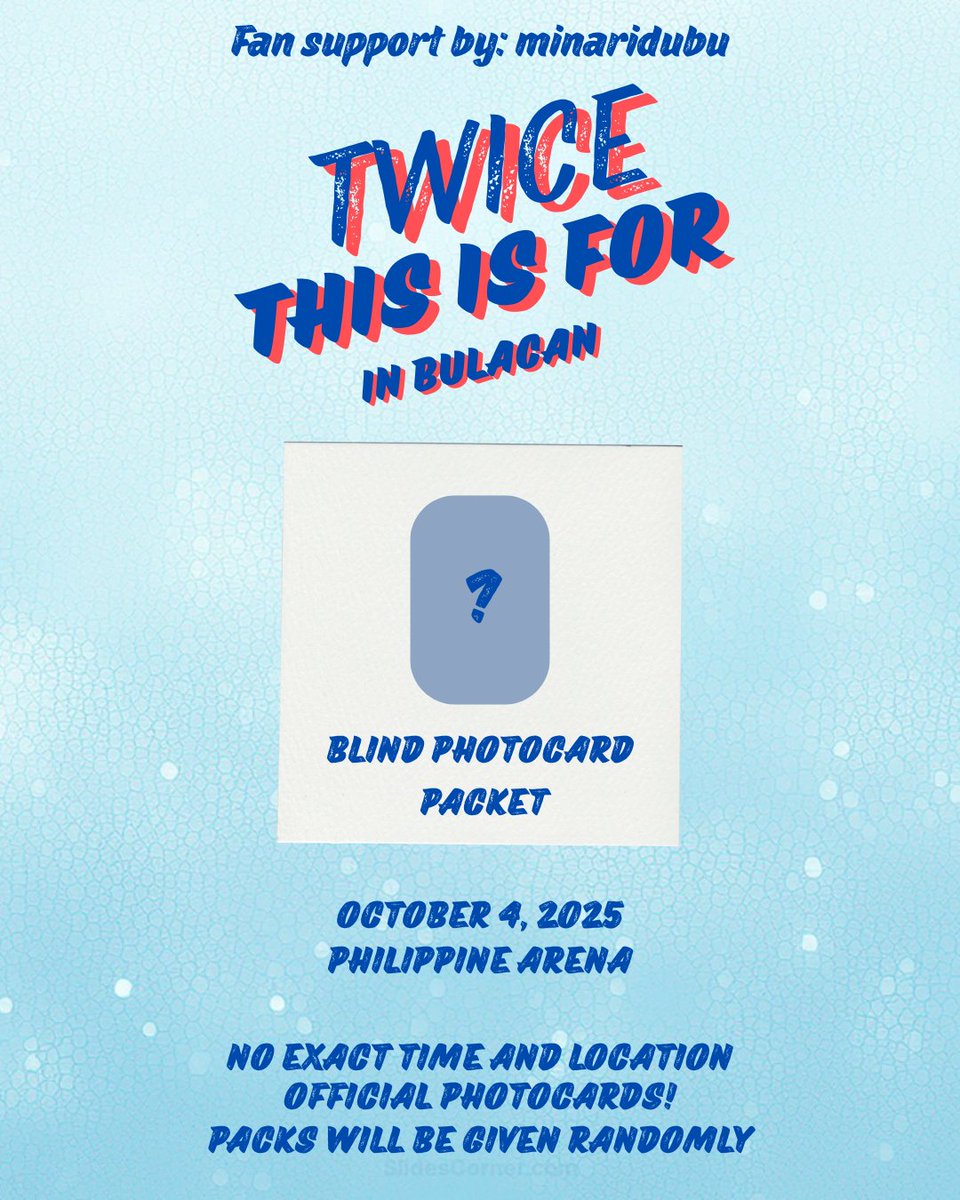 minaridubu's tweet photo. TWICE This Is For In Bulacan Freebies

Fan support by @minaridubu 

Official photocards

🍭1:1 ratio
🍭Total of 50+ photocards
🍭Will randomly approach ONCEs around the arena grounds to give away blind packets

See you on October 4, onces! 🫶

#TWICE #TWICE_THISISFOR_WORLD_TOUR https://t.co/JdNknoF4N8