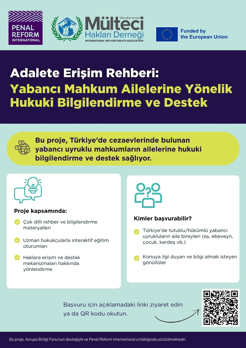 Adalete Erişim Rehberi: Yabancı Mahkum Ailelerine Yönelik Hukuki Bilgilendirme ve Destek

Bu proje, Türkiye’de cezaevlerinde bulunan yabancı uyruklu mahkumların ailelerine hukuki bilgilendirme ve destek sağlıyor.

Proje kapsamında:

📖 Çok dilli rehber ve bilgilendirme