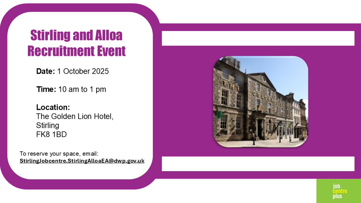 JCPScotDirector's tweet image. Are you an #Employer looking to recruit? 

Join our upcoming #Recruitment Event on, 1 October, and connect directly with job-ready candidates. 

To join, simply email: StirlingJobcentre.StirlingAlloaEA@dwp.gov.uk

Spaces are limited, so be sure to be quick!

#Networking