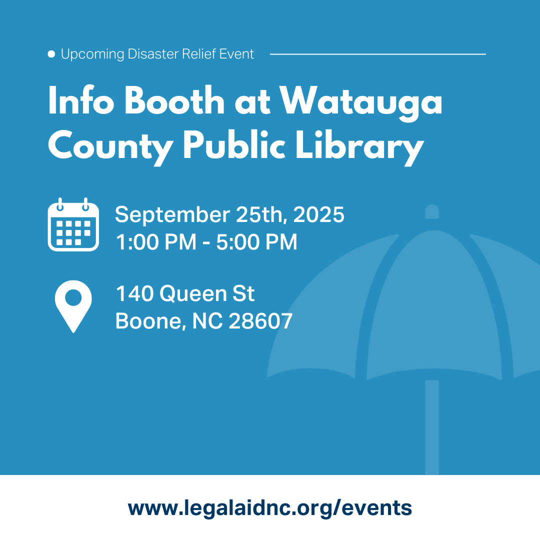 DRPLegalAidNC's tweet photo. Legal Aid of NC's Disaster Relief Project will be tabling an Info Booth at the Watauga County Public Library in Boone this coming Thursday, 9/25. Come see us! Learn more about this event and others at https://t.co/5tm6ZlG6D3
#legalaid #northcarolina #disasterrelief #boone https://t.co/nGevk0iFoP