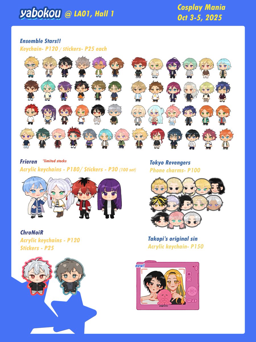 Sharing my catalogue for #CosplayMania2025🍂
come visit us at our booth at hall 1 (map below!)

Please dm for pre-orders!
reservation period: Sept 23-28
🔔all items in stock are available for reservation except stickers &amp; a5 prints.

likes &amp; rts are much appreciated 💕
