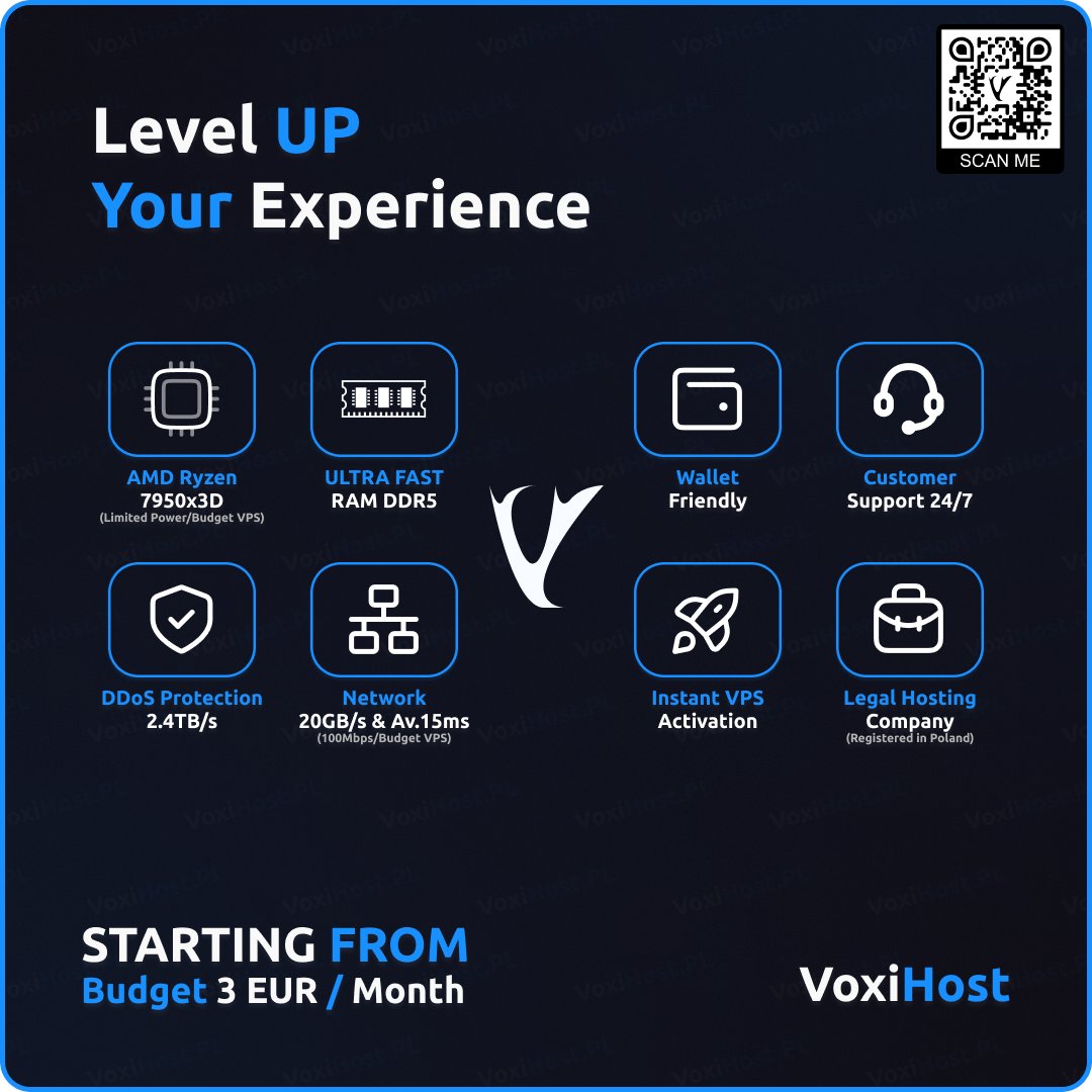 VoxiHost's tweet photo. Tired of lagging vps servers? Level UP with VoxiHost! 💪

You get speed (DDR5 RAM &amp; Ryzen 7950x3D) and security (2.4TB/s DDoS Protection) for just 3 EUR/Month!

Instant Activation &amp; 24/7 Support included.

➡️ https://t.co/Vz0jIdarsp

#VoxiHost #VPS #Hosting #CloudComputing https://t.co/3HqL3xAGnr
