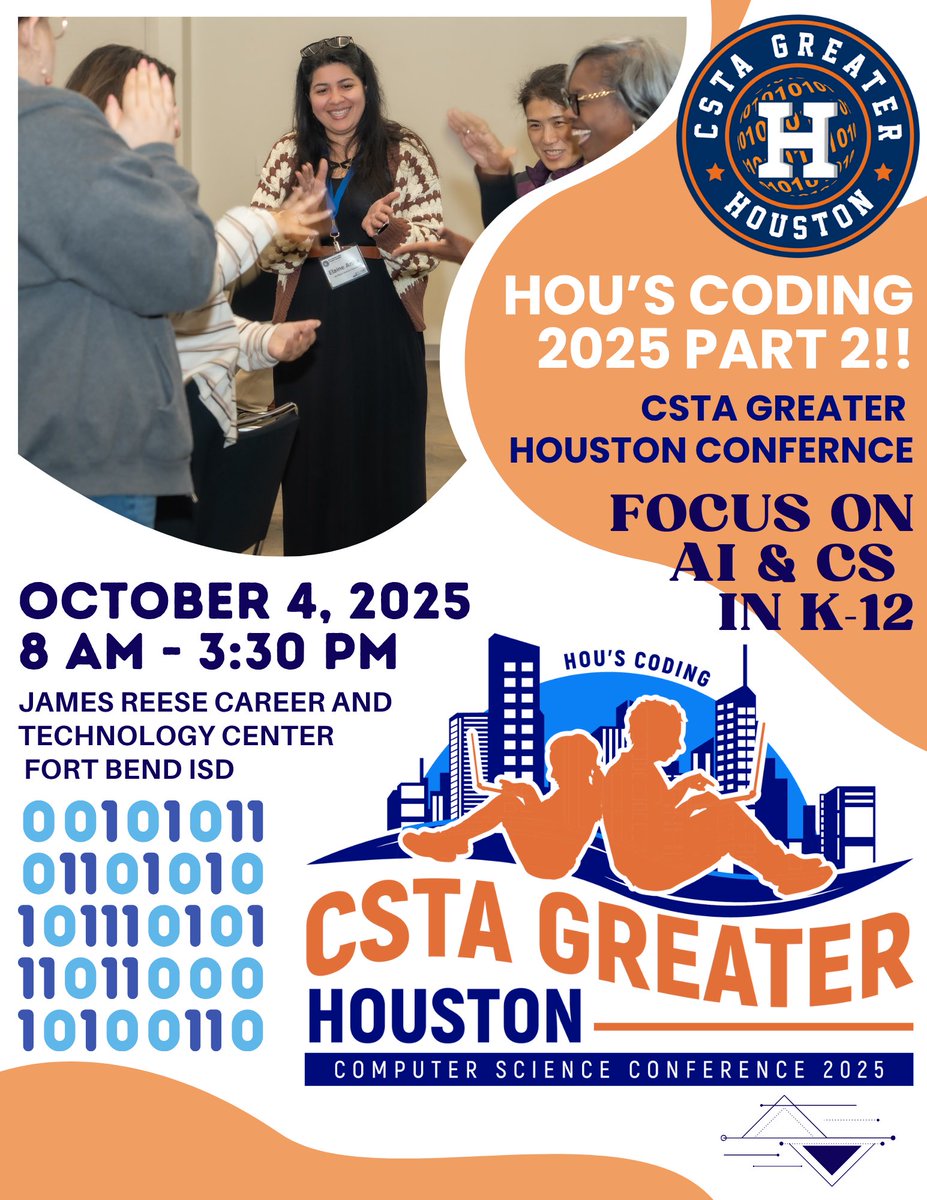 CSTAGreaterHou's tweet image. 👩💻👨💻 Coders, educators, creators—come learn + connect at our one-day coding conference! Info + scholarships:
Register Now: bit.ly/HousCodingScho…
Conference Details & Agenda: bit.ly/HousCodingGH25
#HOUsCoding #CSTAGREATERHOU