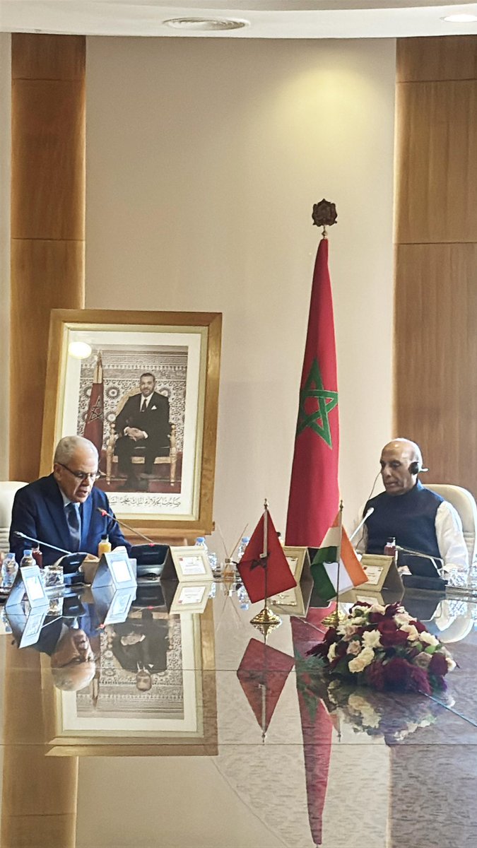 rajnathsingh's tweet photo. Had a very productive meeting with Morocco's Defence Minister Mr. Abdeltif Loudiyi and we signed an MoU on cooperation in field of defence. India’s ties with Morocco are growing remarkably over the years. We discussed ways to deepen collaboration in key areas, including Counter-terrorism efforts, Maritime security, Cyber defence and capacity building.