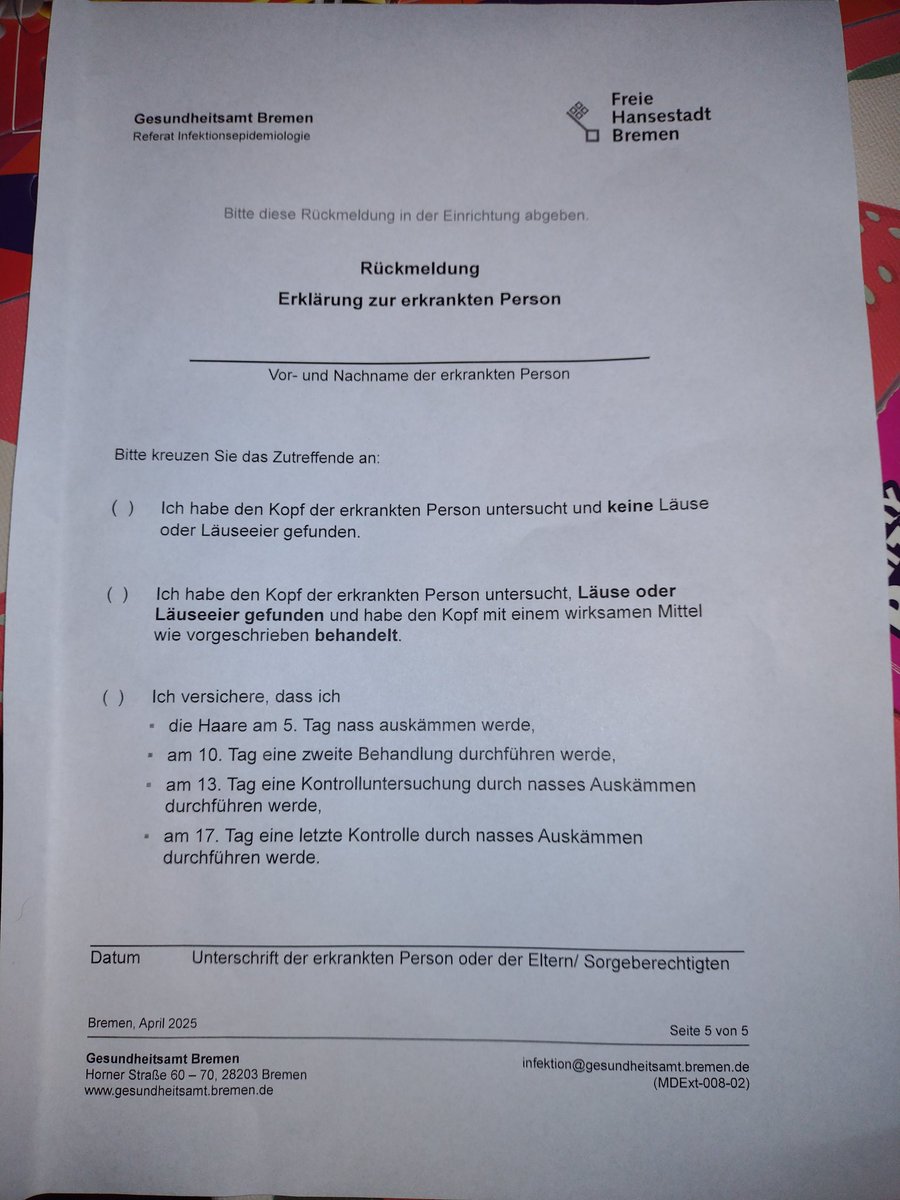 Wahnsinn!!
Es wird ein Aufriss um Läuse betrieben.
Vielleicht wäre es mal eine Maßnahme die Hygiene bezüglich anderen Infektionen in Schulen und Kitas auch zu verschärfen!! 
<a href="/sgfv_bremen/">Senatorin für Gesundheit Frauen Verbraucherschutz</a> 
<a href="/cbernhard_HB/">Claudia Bernhard</a> 
<a href="/HBBuergerschaft/">Bremische Bürgerschaft</a>