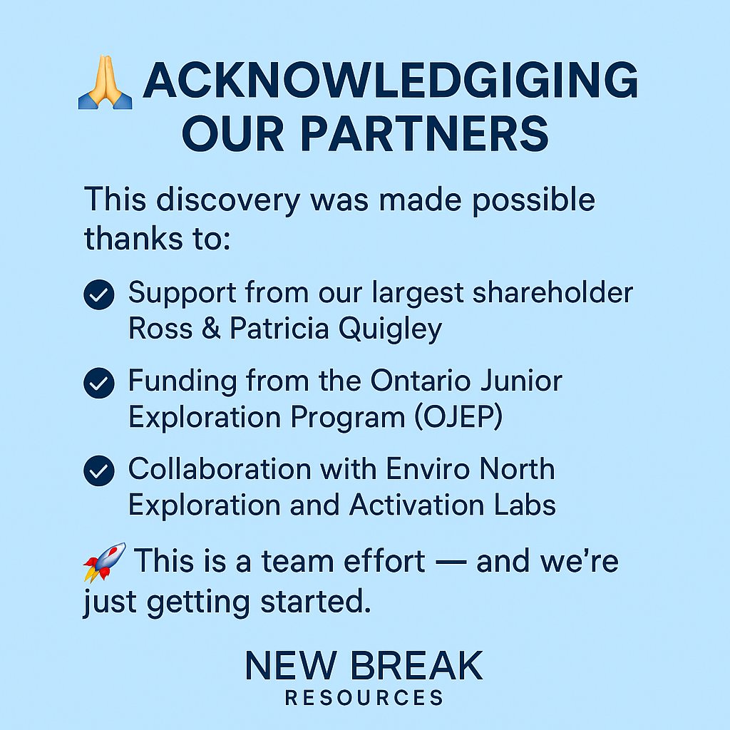 🙏 Acknowledging Our Partners

This discovery was made possible thanks to:
✔ Support from our largest shareholder Ross &amp; Patricia Quigley
✔ Funding from the Ontario Junior Exploration Program (OJEP)
✔ Collaboration with Enviro North Exploration and Activation Labs

🚀 This is