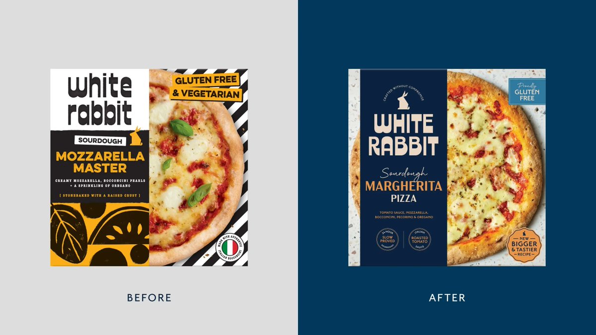 White Rabbit Pizza Co.’s redesign by Deuce Studio brings a sharper, more confident look to the frozen pizza brand. The old packaging leaned on playful graphics and busy stripes, while the new design strips back the noise. thedieline.com/white-rabbit-p…
