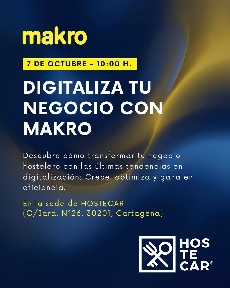 📲✨ ¡Digitaliza tu negocio con #Makro y #HOSTECAR!

📅 7 de octubre | 🕙 10:00-12:00h
📍 C/ Jara, 26 – Cartagena
👉 Aprende a optimizar reservas, pedidos online y TPV para hacer crecer tu negocio hostelero.
🎟️ Reserva tu plaza aquí: eventbrite.es/e/digitaliza-t…