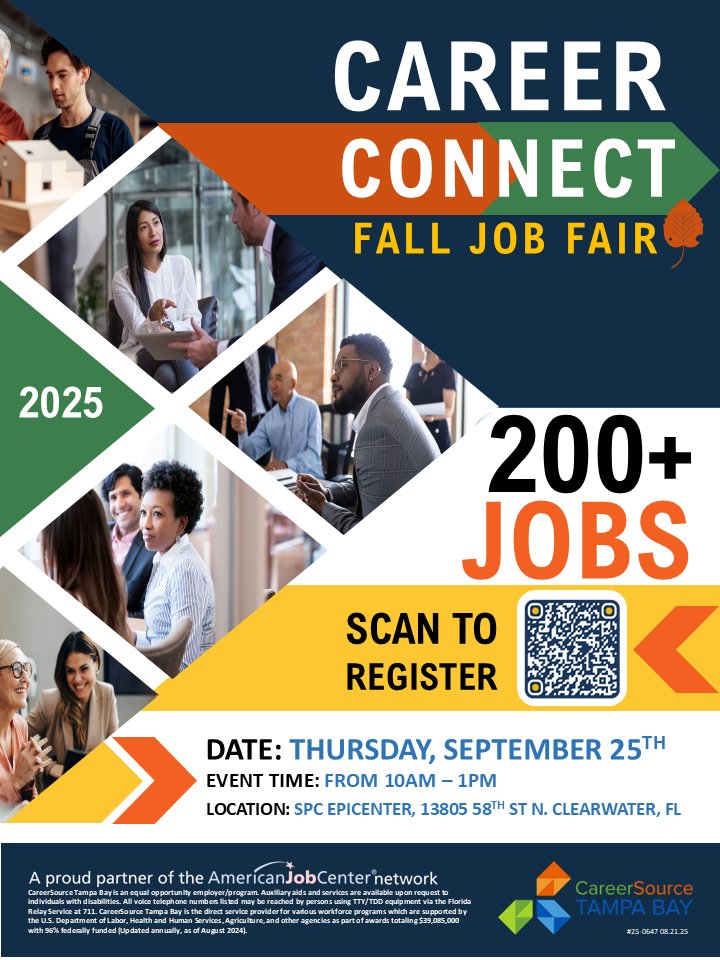 Exciting Opportunity Alert! Save the Date!  hosted by CareerSource Tampa Bay!

Whether you're just starting out or looking to advance your career, this is your chance to connect with top employers in the area.

🔗 Register here: careersourcetampabay.com/events/career-…
