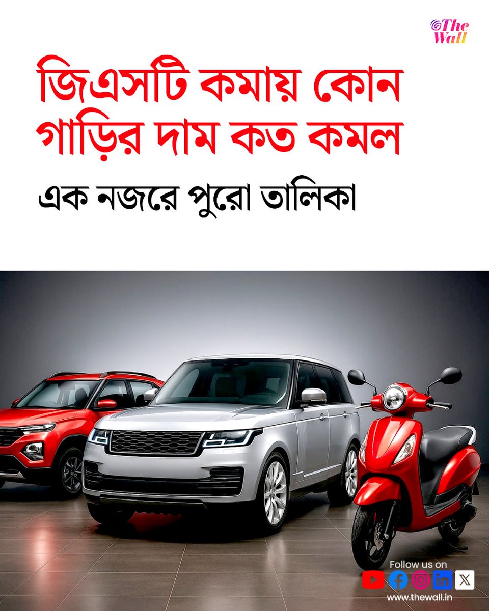 TheWallTweets's tweet image. এক নজরে দেখা যাক, কোন গাড়ির দাম কত কমল?
thewall.in/business/list-…
#NewGSTRates #CarPriceDrop #bussiness #TheWallBangla