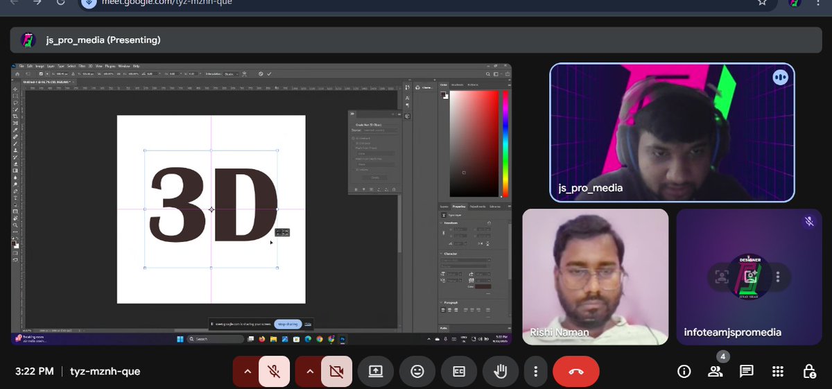 js_pro_media's tweet image. ✨ Day 11 – Graphic Design Training ✨
In today’s session, we learned how to create 3D Text Effects 🔠➡️🎨
Students practiced turning simple 2D text into realistic 3D styled designs using Photoshop with textures and effects. 💻🔥

#GraphicDesign #TrainingDay11 #3DEffects