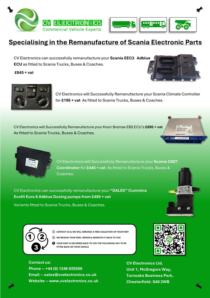 cvelectronics's tweet image. 𝐒𝐨𝐦𝐞 𝐨𝐟 𝐭𝐡𝐞 𝐭𝐨𝐩-𝐬𝐞𝐥𝐥𝐢𝐧𝐠 𝐒𝐂𝐀𝐍𝐈𝐀 𝐩𝐚𝐫𝐭𝐬 𝐭𝐡𝐚𝐭 𝐂𝐕 𝐄𝐥𝐞𝐜𝐭𝐫𝐨𝐧𝐢𝐜𝐬 𝐫𝐞𝐦𝐚𝐧𝐮𝐟𝐚𝐜𝐭𝐮𝐫𝐞:

After extensive investment and much R&amp;amp;D CV Electronics can successfully remanufacture your Euro 6 SCANIA EEC3 E67 Adblue ECU for £845 + vat…