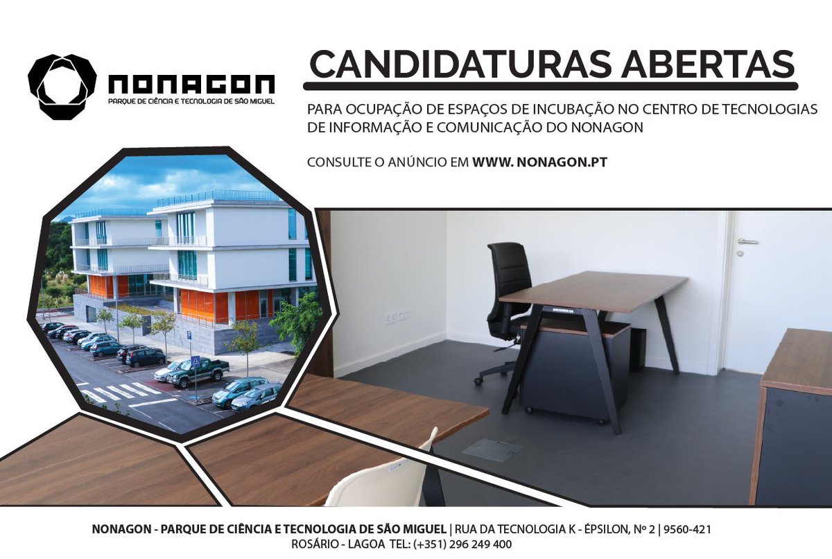 Applications are now open for incubation spaces at
<a href="/nonagonpark/">NONAGON</a> 
📧concurso@nonagon.pt

Sectors: ICT, Aeronautics, Agribusiness, Environment, Biotechnology, Health, Blue Economy, Energy, Creative Industries, Tourism, Communication, Media.

#NONAGON #Innovation #Entrepreneurship
