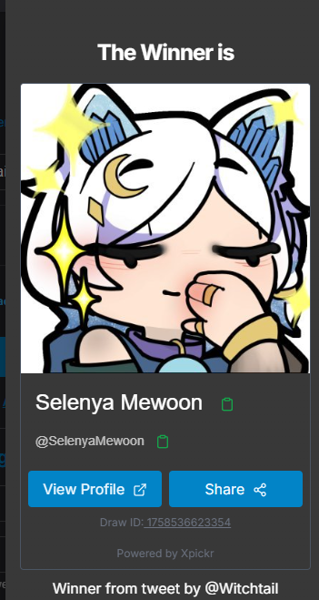 Witchtail's tweet photo. The winners have been chosen! Congratulations to @SelenyaMewoon and @ErebusTomo !
Thank you to everyone who participated...and there will be another round, maybe next time it will be you! 
#artraffle
https://t.co/VXzNV2Z5Ke https://t.co/9VqkEa8ByL