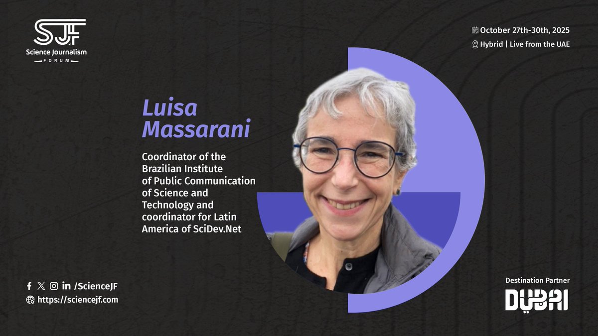 ScienceJF's tweet image. Thrilled to welcome @luisamassarani (Fiocruz & SciDev.Net) as a speaker at #SJF25!
A driving force in Latin American science communication, she’s reshaping how science reaches the public.
📢 Register today and join the conversation! sciencejf.com/shop/