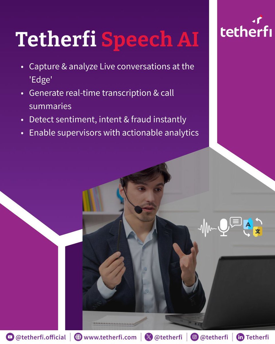 tetherfi's tweet image. Smarter conversations, real time insights. 

@Tetherfi Speech AI uses Edge AI for transcription, call summaries, sentiment &amp;amp; intent analytics—helping agents act faster &amp;amp; supervisors gain insights. 

👉 tetherfi.com/request-demo/

#Tetherfi #PoweredByTetherfi #SpeechAI #DigitalCX