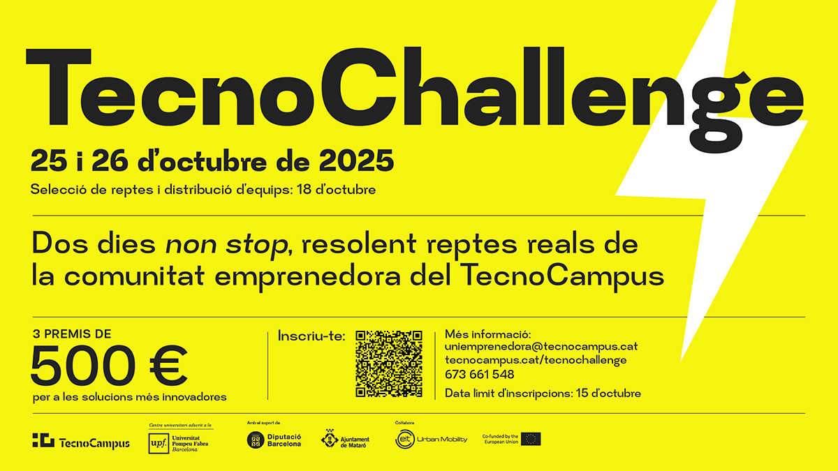 TecnoCampus's tweet image. Arriba el #TecnoChallenge 2025 ⚡ - Dos dies non stop, resolent reptes reals de la comunitat emprenedora del TecnoCampus

📅 25 i 26 d’octubre
🏆 3 premis de 500 € per a les millors solucions innovadores

Inscripcions obertes fins al 15 d&apos;octubre!
tecnocampus.cat/tecnochallenge