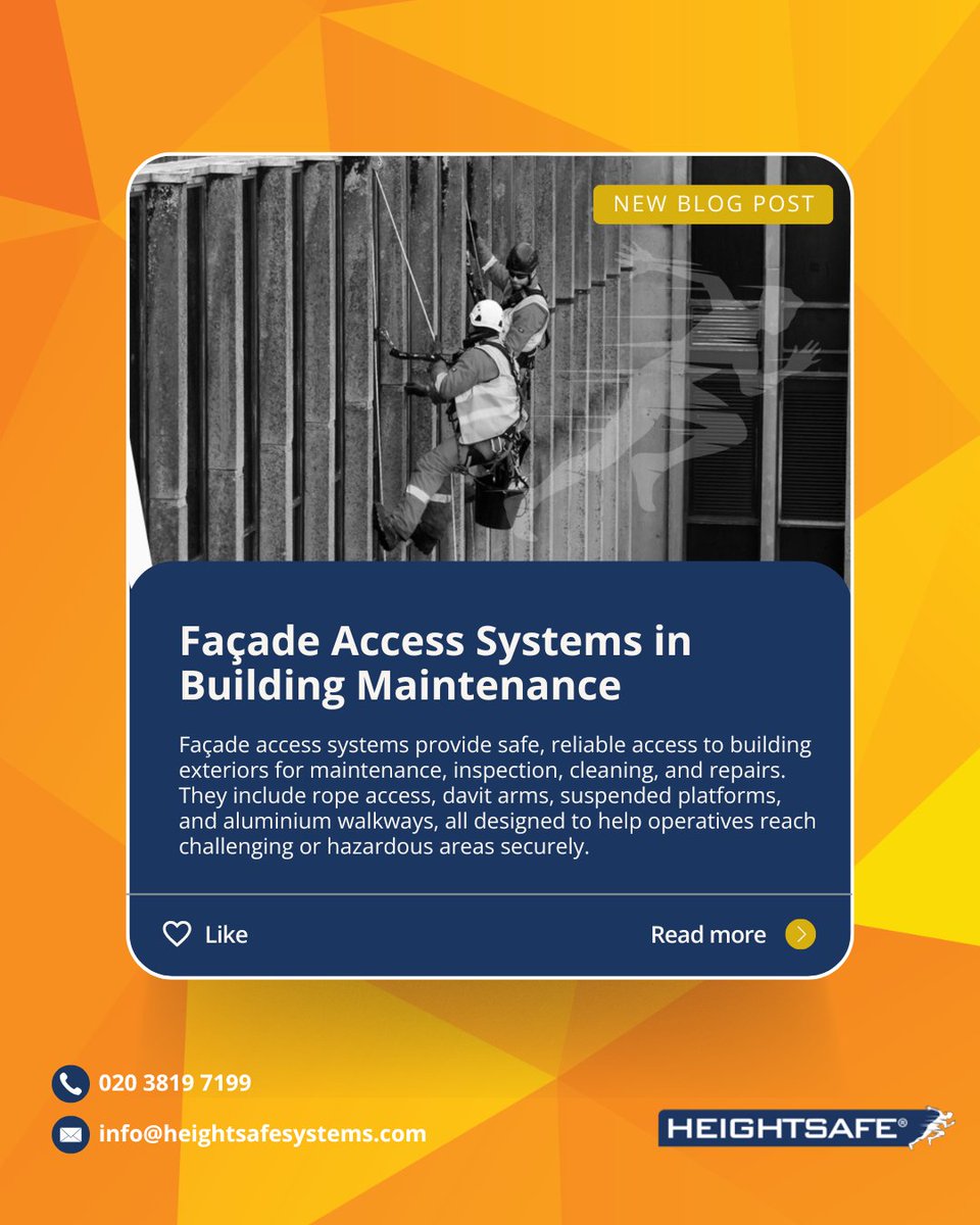Heightsafe's tweet photo. 🏢 New Blog: The Role of Façade Access Systems in Building Maintenance. 

From rope access to walkways, explore how the right system boosts safety, efficiency &amp; protects your property. 

🔗 Read the full blog here: https://t.co/QExIDJWHyF https://t.co/4NBtF225zz
