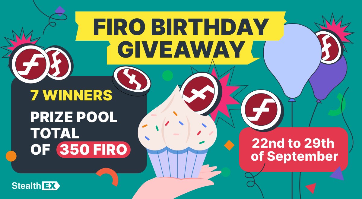 StealthEX_io's tweet image. 🎁When FIRO celebrates, the whole community wins!

We’re giving away 350 $FIRO for @firoorg Birthday: 7 lucky winners will each get 50 $FIRO! 

✅Rules: 
✨Follow @StealthEX_io &amp;amp; @firoorg
✨Register a Firo Spark name (here&apos;s how to do that sparknames.firo.org) and send it in…