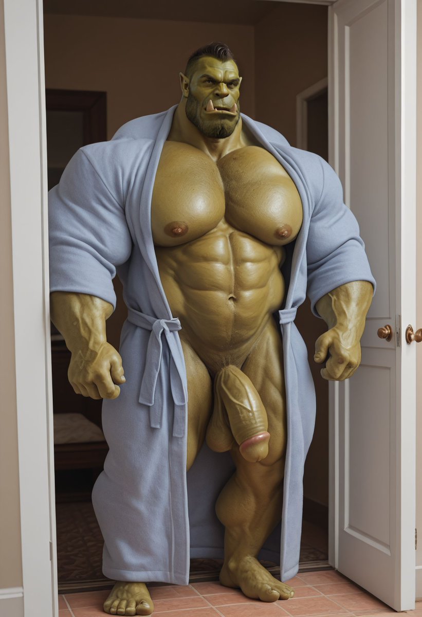 AiBaraFree's tweet photo. He fills the doorway like a fantasy come true, robe barely clinging on, meat swinging heavy. One look and you know—this orc isn’t here to play, he’s here to ruin every thought you had of sleeping tonight. 💚🍆 #OrcDaddy
Part 3
#AIArt #AIartcommunity #Bara #NSFW #AI #Gay https://t.co/BxHyitENUq