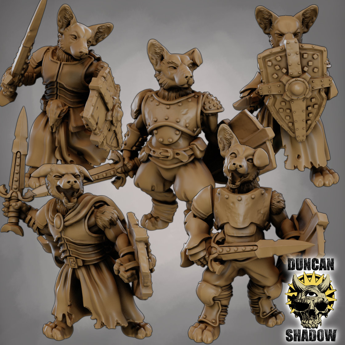 Dog Folk pre posed with Swords and Shields 
Also come as Multipart kit

Sculpted for 3d printing and come with pre supported options