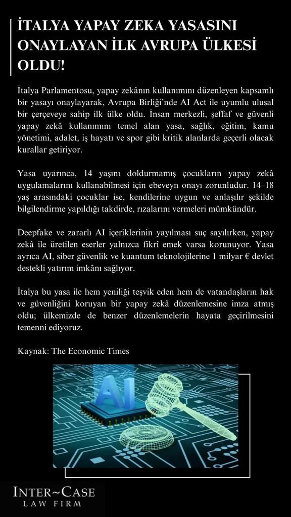 #yapayzeka yasası Avrupa Birliğin de ilk kez Italya da düzenlendi yasalasti.