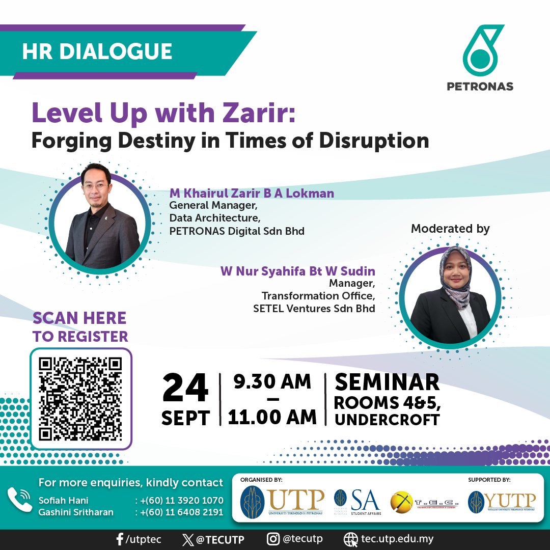 🛢[HR DIALOGUE BY PETRONAS]🛢

Learn to thrive in disruption, embrace innovation &amp; level up your career! 🚀 Hear from PETRONAS &amp; SETEL leaders sharing insights &amp; stories to inspire your journey. 🌟

#TEC25 #UnveilingHiddenTalents