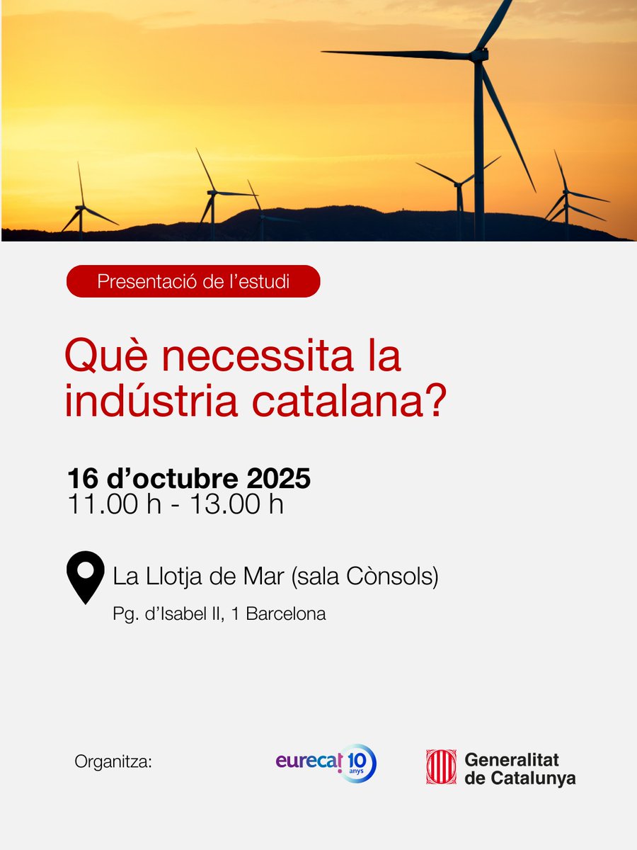 🌟 Jornada “Què necessita la indústria catalana?” 
📅 16/10 | ⏰ 11-13h | 📍 #LaLlotjaDeMar 

L’estudi recull 60 qüestions clau amb la mirada de 60 experts, oferint una radiografia del present i futur industrial. 

🤝Organitza <a href="/Eurecat_news/">Eurecat</a> i <a href="/gencat/">Generalitat de Catalunya</a> 

✍️ eurecat.org/calendari/jorn…