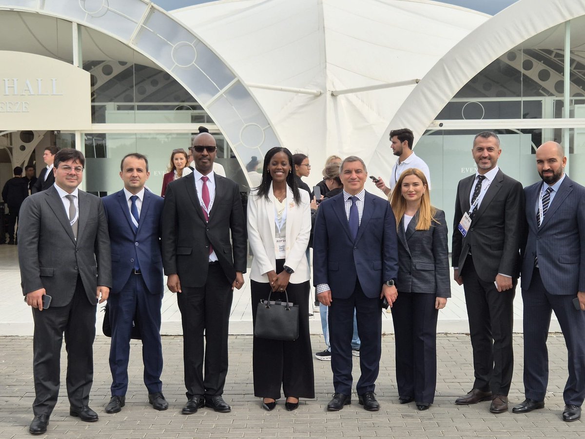 RwandainTurkiye's tweet photo. On the sidelines of the #AIIF25 @RDBrwanda Deputy CEO @JulianaMuganza and Ambassador Charles Kayonga met with Mr. Ruslan Alikhanov, CEO of #Azerbaijan Investment Holding, to discuss investment opportunities in #Rwanda, including manufacturing, mining, and financial services. https://t.co/MEYyFZK4OW