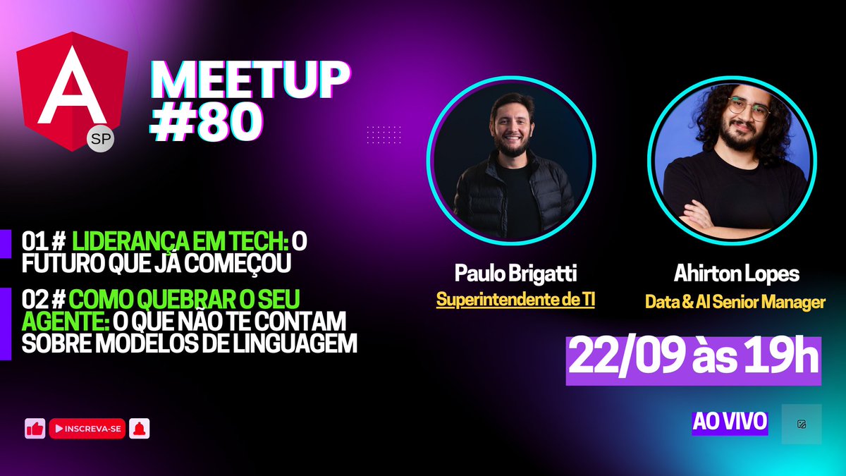 AngularSP's tweet image. Hoje tem Meetup do AngularSP, com os convidados especiais Paulo Brigatti e Ahirton Lopes!!!
Compartilhando muito conhecimento sobre Liderança na era da IA e Agentes de IA.
Está imperdível!
Então, já salva o link e nos vemos às 19h: youtube.com/watch?v=N4k9qM…