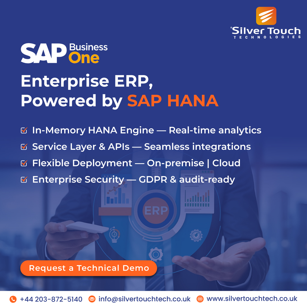 silvertouchtek's tweet photo. Move beyond legacy systems with an ERP built for speed, scalability, and security.

SAP Business One on HANA delivers real-time insights and seamless integrations for growing SMEs.

Request a demo today. https://t.co/VRS8Zeq8yd

#SAPBusinessOne #SAPB1 #SAPHANA #ERPSolutions https://t.co/VuGx1HgTVM