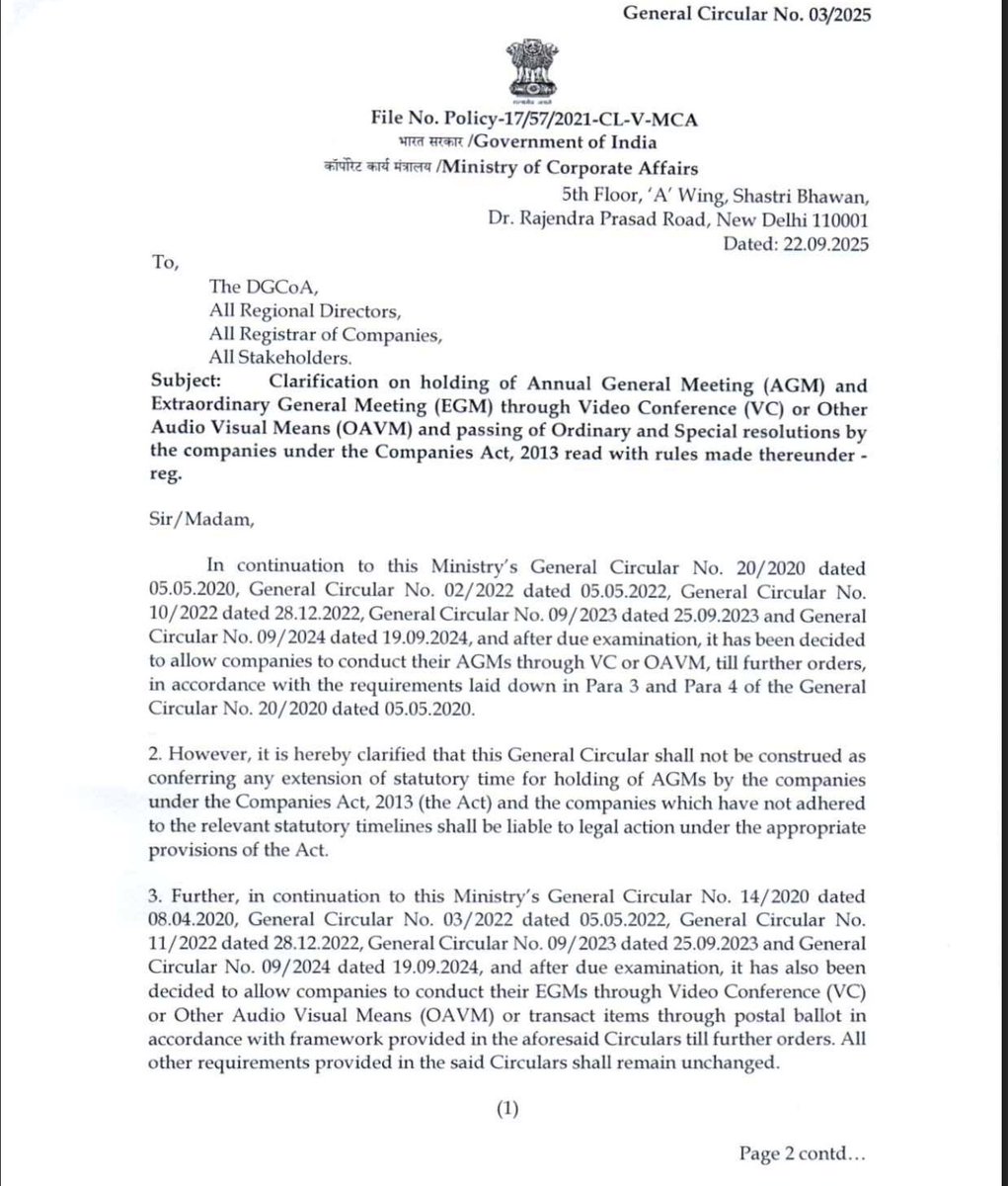 FCSJigarShah's tweet image. Finally #MCA allows AGM via OAVM till further notice and now we will not need to add more circular references in AGM notices. 

#CSTwitter 
mca.gov.in/bin/dms/getdoc…

PS: It is not an AGM Extension circular ;)