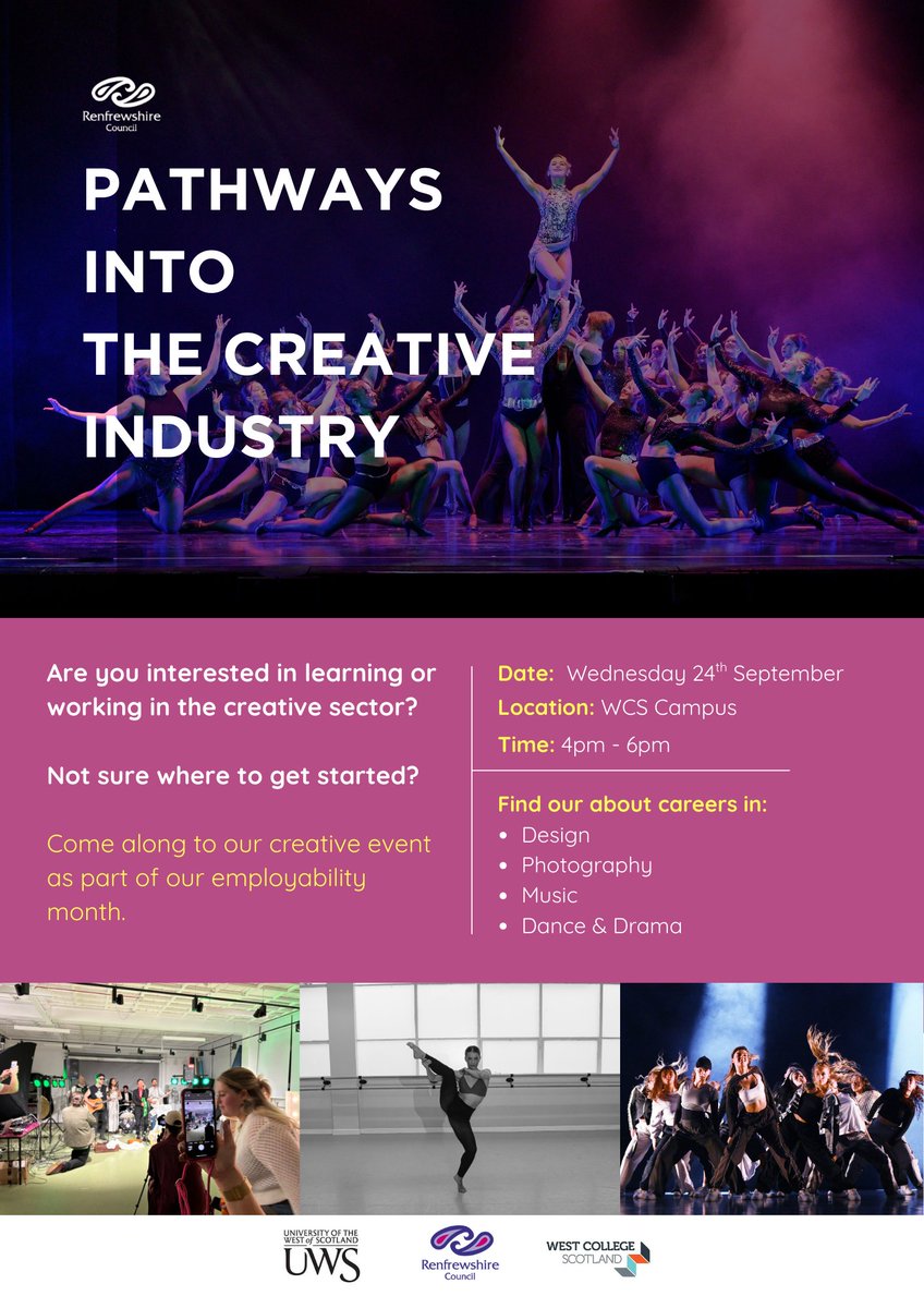 UWSKTP's tweet photo. It's almost here! The Pathways into the Creative industries closed event is taking place tomorrow 4-6pm at @WestCollScot✨
@InvestinRen @PaisleyArts @WhatsOnRen @UniWestScotland #EmployabilityMonth https://t.co/742mvOacPU