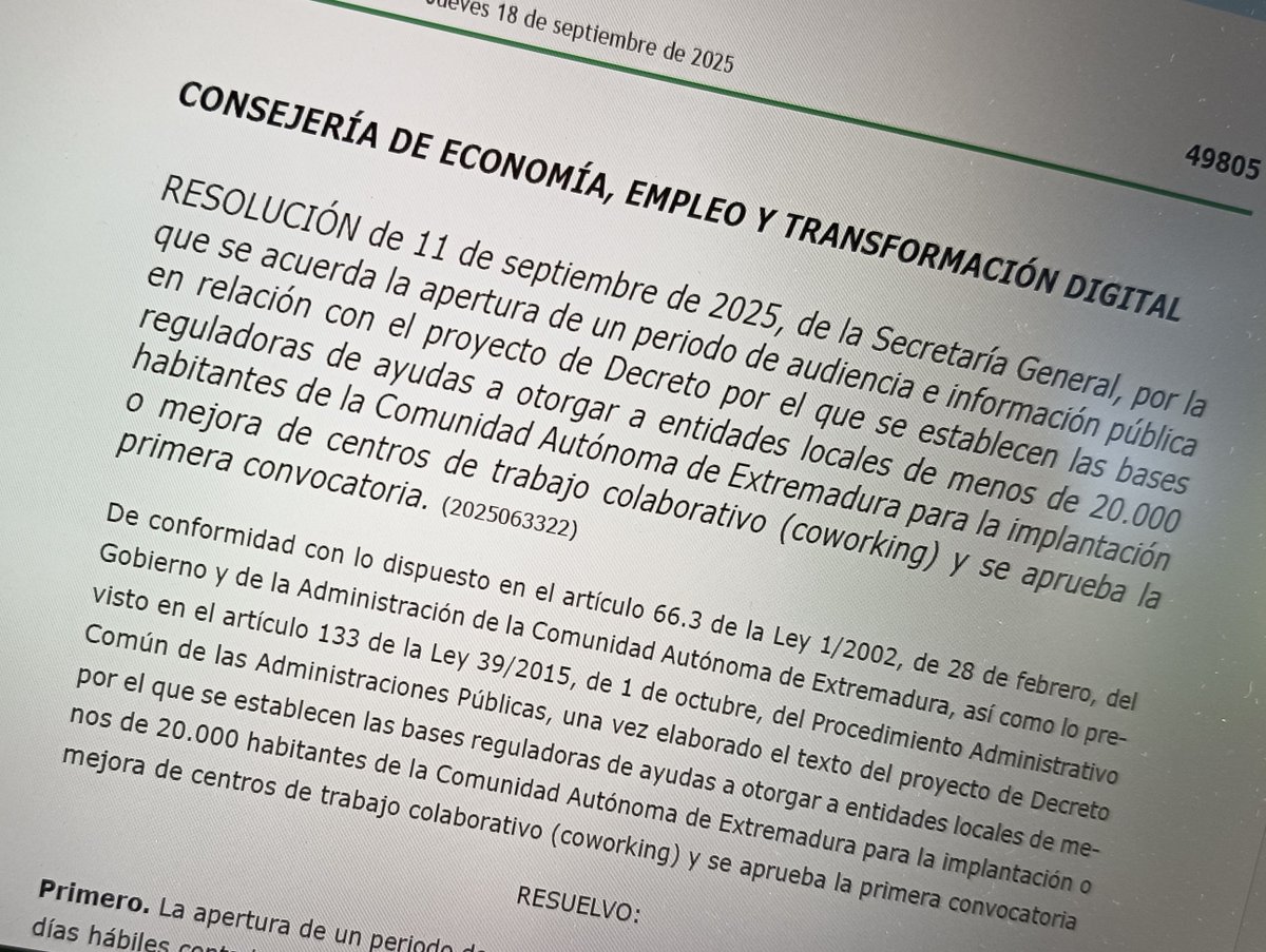 Digitalización Regional de Extremadura (@dgdigitalex) on Twitter photo 🔎 Ya puedes consultar en el Portal de Transparencia el proyecto de Decreto que regula las ayudas para crear o mejorar centros de coworking en municipios <20.000 hab.
📌 Hasta el 29 de septiembre puedes presentar alegaciones.
👉 juntaex.es/tuatencion/par… 🔎 Ya puedes consultar en el Portal de Transparencia el proyecto de Decreto que regula las ayudas para crear o mejorar centros de coworking en municipios <20.000 hab.
📌 Hasta el 29 de septiembre puedes presentar alegaciones.
👉 juntaex.es/tuatencion/par…