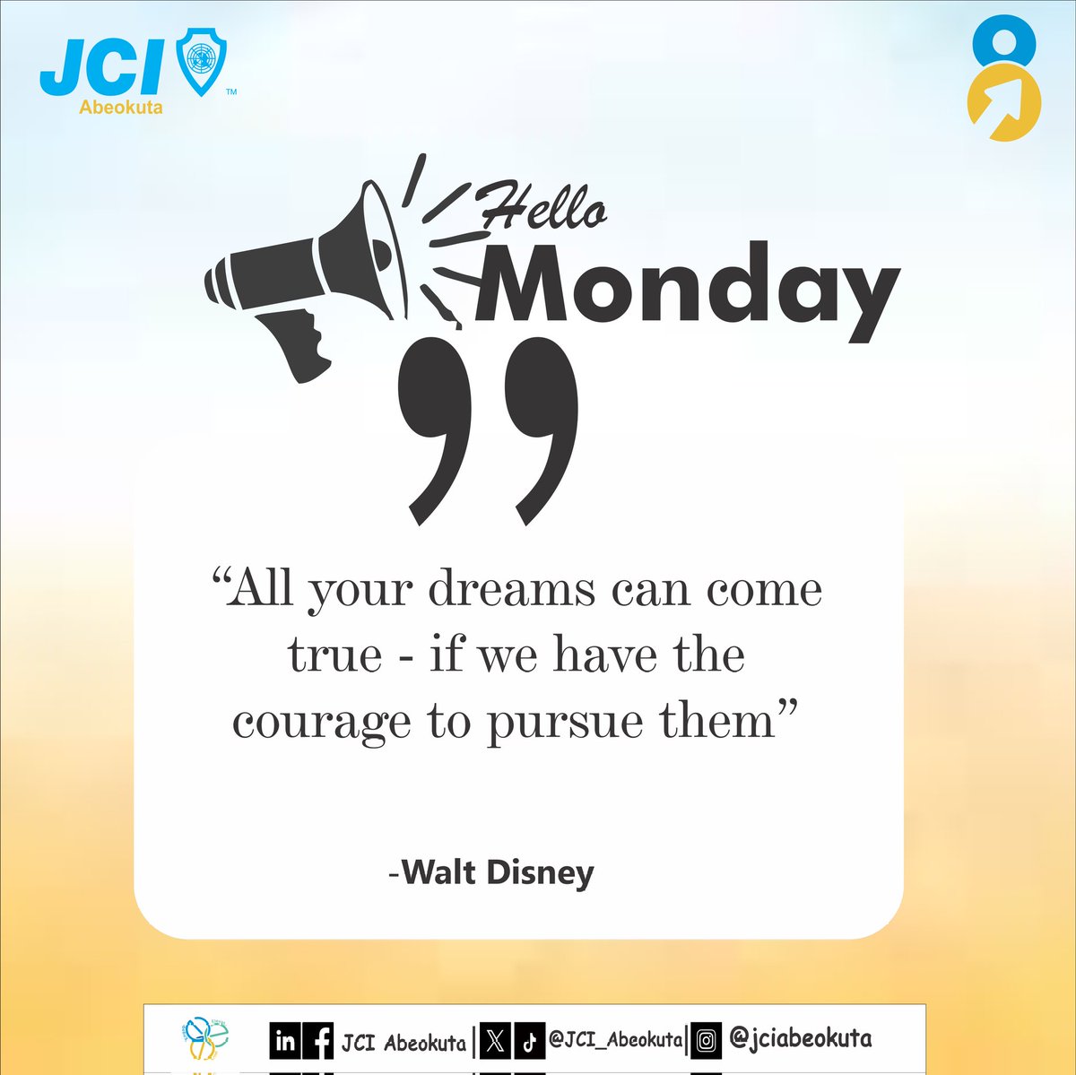 JCI_Abeokuta's tweet image. Elevate your courage to pursue your dreams because excellence is a journey, not a destination.

Happy Monday 😊
Go Get It 🚀

#mondaymotivation
#EngageElevateExcel
#JCIAbeokuta
#JCINigeria
#ELV8
#JCI