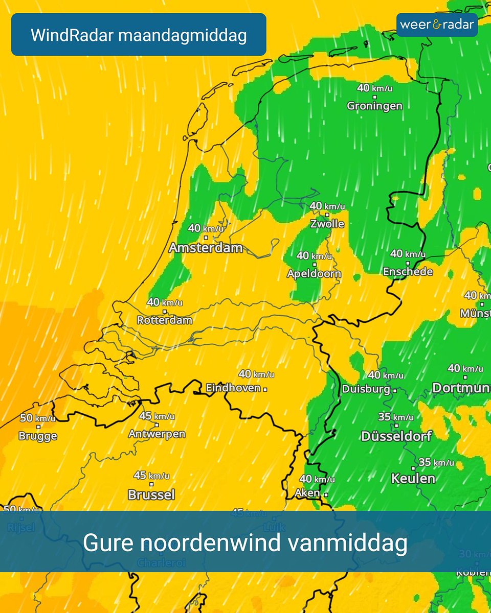 weerenradar_nl's tweet image. De WindRadar laat de gele kleuren van de vrij sterke noordenwind zien. In een groot deel van het land zijn windstoten van 40 tot 50 kilometer per uur mogelijk.

Bekijk de #WindRadar: app.weerenradar.nl/U13Q/g6o53mpa 

#wind #guur #noordenwind #weerbericht #weernieuws #weerupdate