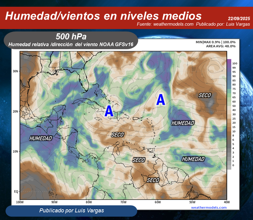 Meteovargas's tweet image. #22Sep Se mantiene el aire seco y estable sobre buena parte del país, lo cual limita la formación generalizada de nubes de evolución. Sin embargo, una onda tropical que se aproxima al este de las Antillas Menores, modula la Zona de Convergencia Intertropical, lo que pudiera…