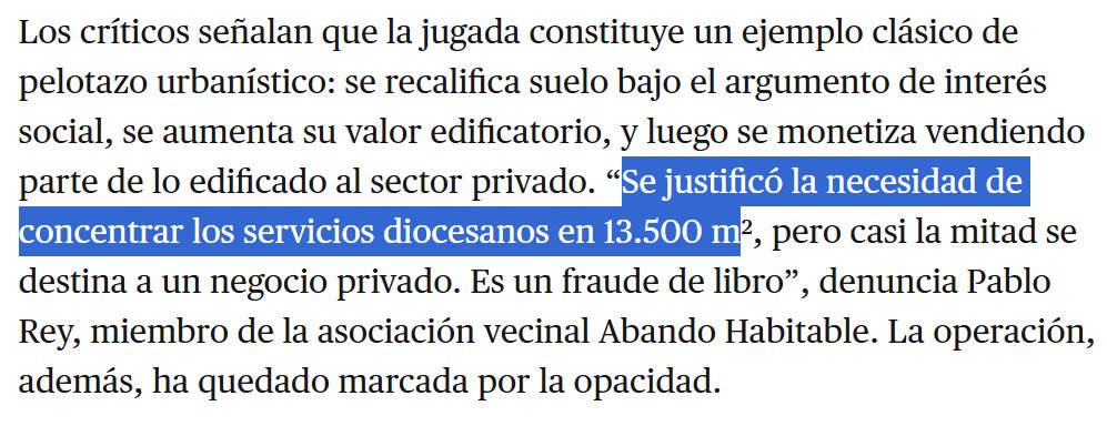 Ejemplo clásico de pelotazo urbanístico:
🔴Se recalifica suelo bajo el argumento de interés social.
🔴Se aumenta su valor edificatorio.
🔴Se monetiza vendiendo parte de lo edificado al sector privado.