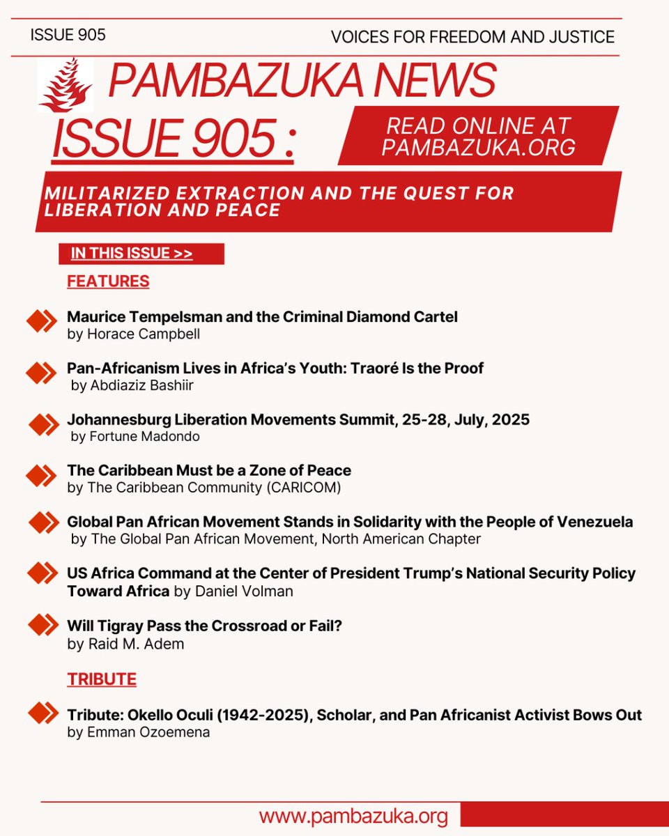 Pambazuka_News's tweet image. 🔥#Issue905 offers critical analysis and inspiring insights about #militarized #extraction of #diamonds, the Pan African quest for #liberation, and calls across the global south for #unity, and #peace.
👉Click the link 🔗pambazuka.org for more.
#USA #Venezuela #Tigray