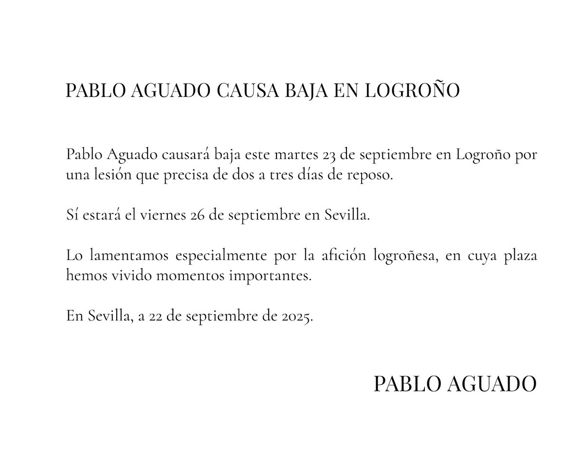 Pablo Aguado causa baja en Logroño.